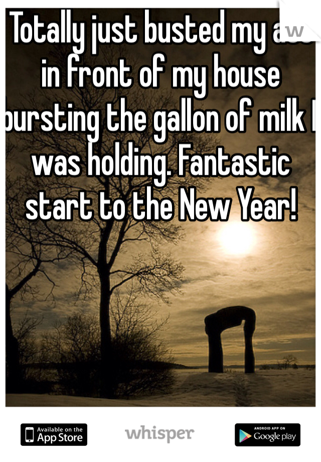 Totally just busted my ass in front of my house bursting the gallon of milk I was holding. Fantastic start to the New Year!
