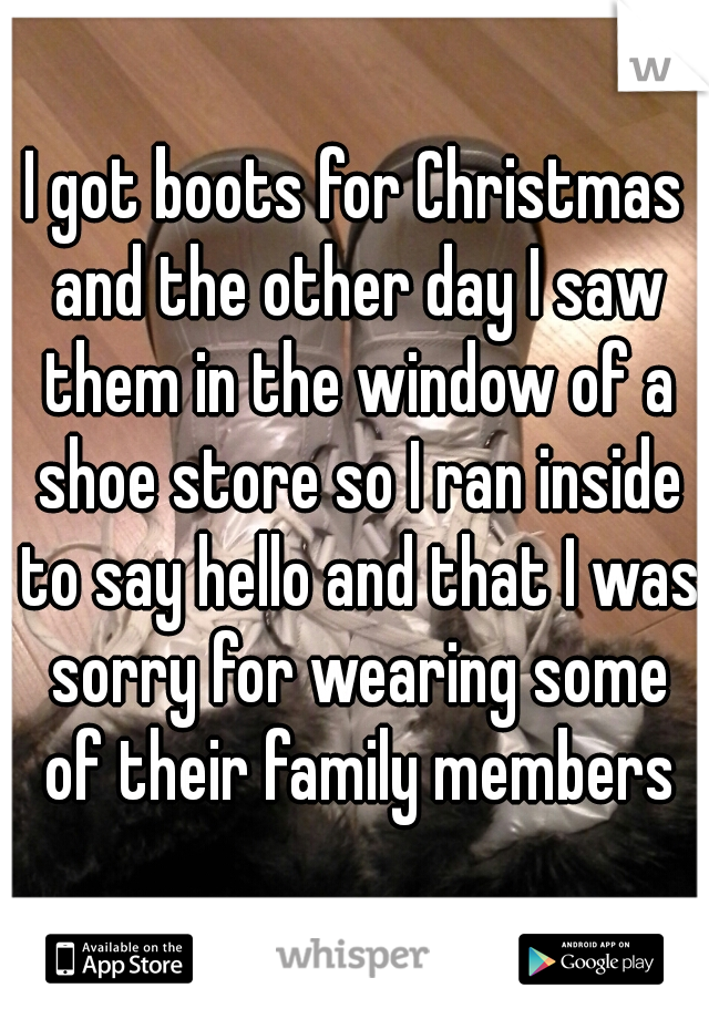 I got boots for Christmas and the other day I saw them in the window of a shoe store so I ran inside to say hello and that I was sorry for wearing some of their family members