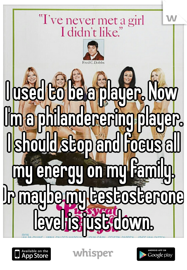 I used to be a player. Now I'm a philanderering player. I should stop and focus all my energy on my family.
Or maybe my testosterone level is just down.