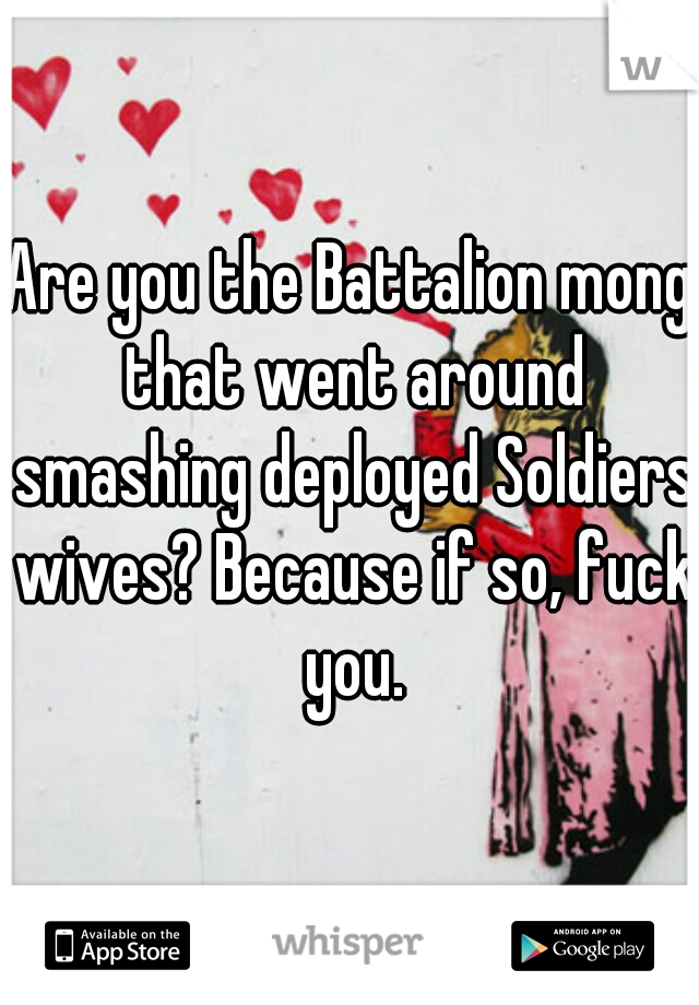 Are you the Battalion mong that went around smashing deployed Soldiers wives? Because if so, fuck you.
