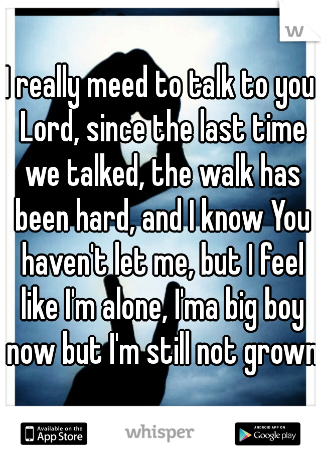 I really meed to talk to you Lord, since the last time we talked, the walk has been hard, and I know You haven't let me, but I feel like I'm alone, I'ma big boy now but I'm still not grown 