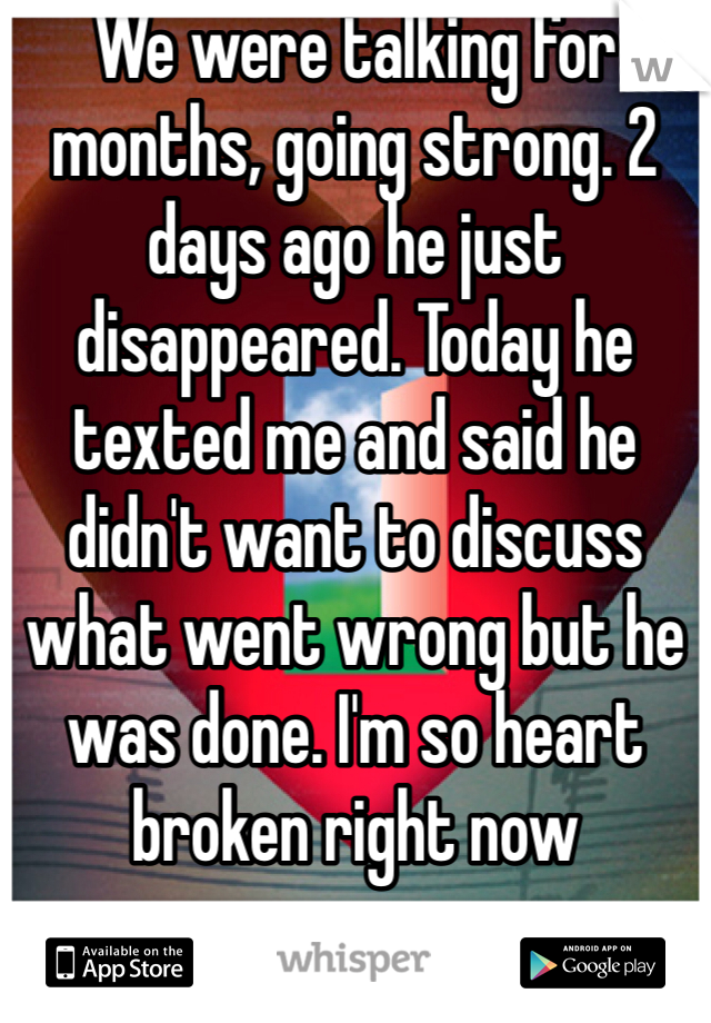 We were talking for months, going strong. 2 days ago he just disappeared. Today he texted me and said he didn't want to discuss what went wrong but he was done. I'm so heart broken right now