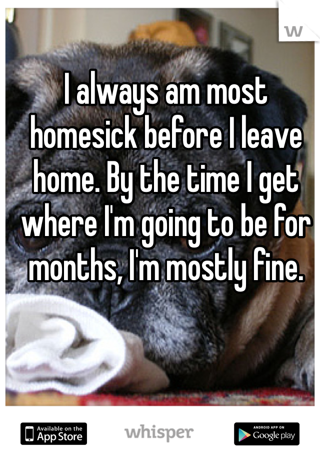 I always am most homesick before I leave home. By the time I get where I'm going to be for months, I'm mostly fine.