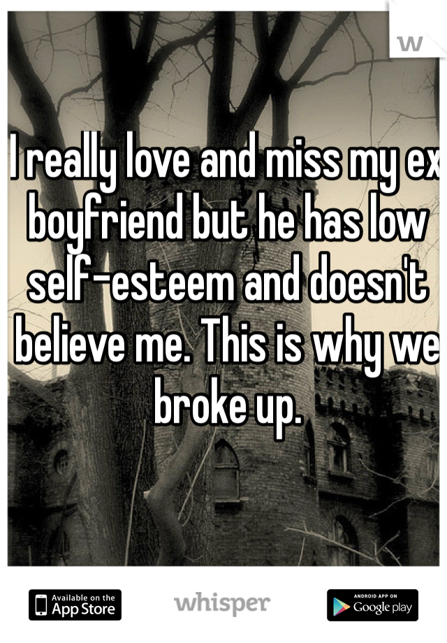 I really love and miss my ex boyfriend but he has low self-esteem and doesn't believe me. This is why we broke up. 