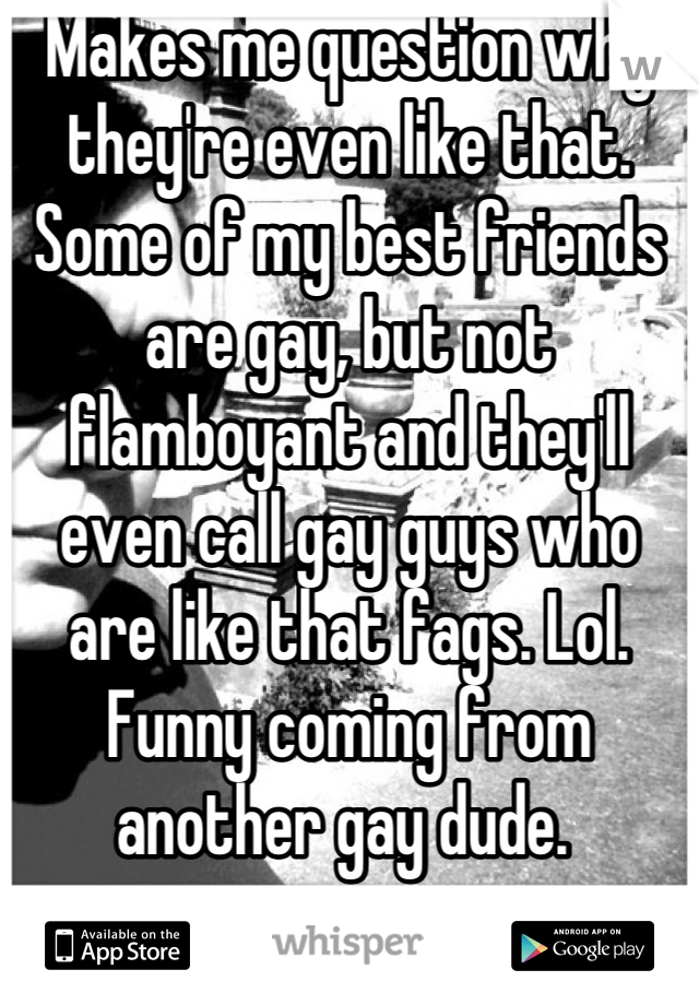 Makes me question why they're even like that. Some of my best friends are gay, but not flamboyant and they'll even call gay guys who are like that fags. Lol. Funny coming from another gay dude. 