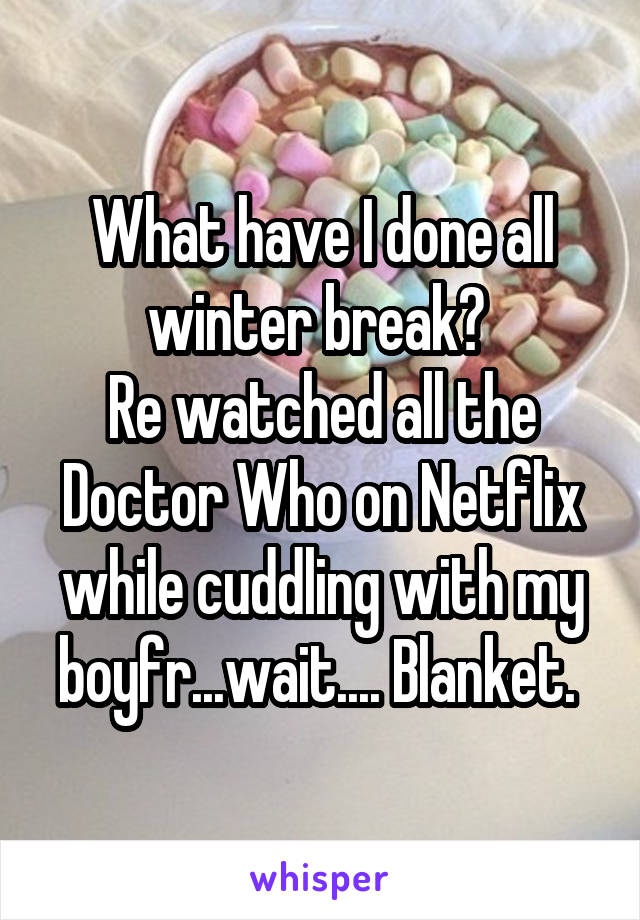 What have I done all winter break? 
Re watched all the Doctor Who on Netflix while cuddling with my boyfr...wait.... Blanket. 