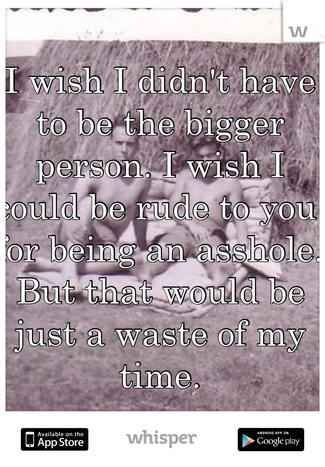 I wish I didn't have to be the bigger person. I wish I could be rude to you for being an asshole. But that would be just a waste of my time. 