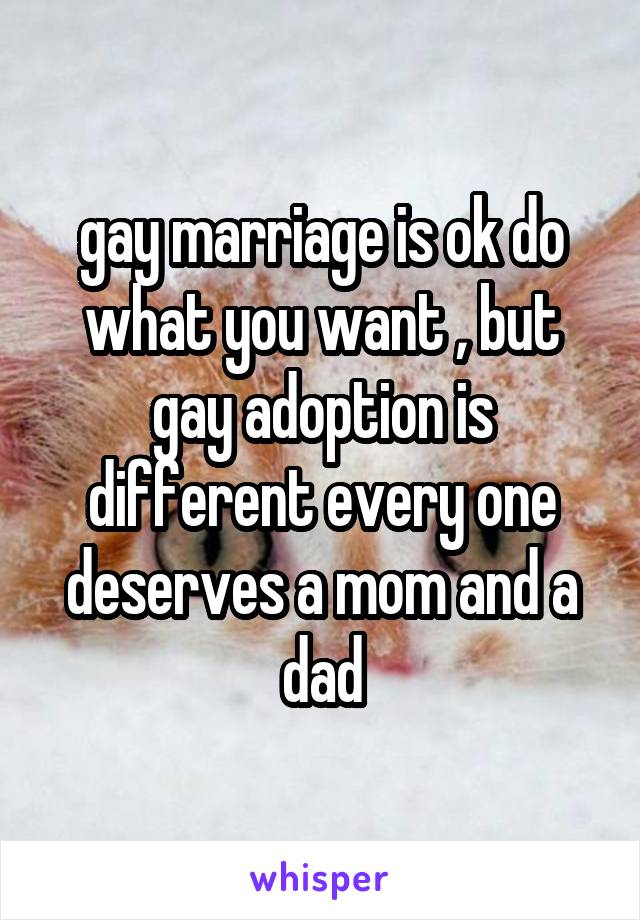 gay marriage is ok do what you want , but gay adoption is different every one deserves a mom and a dad