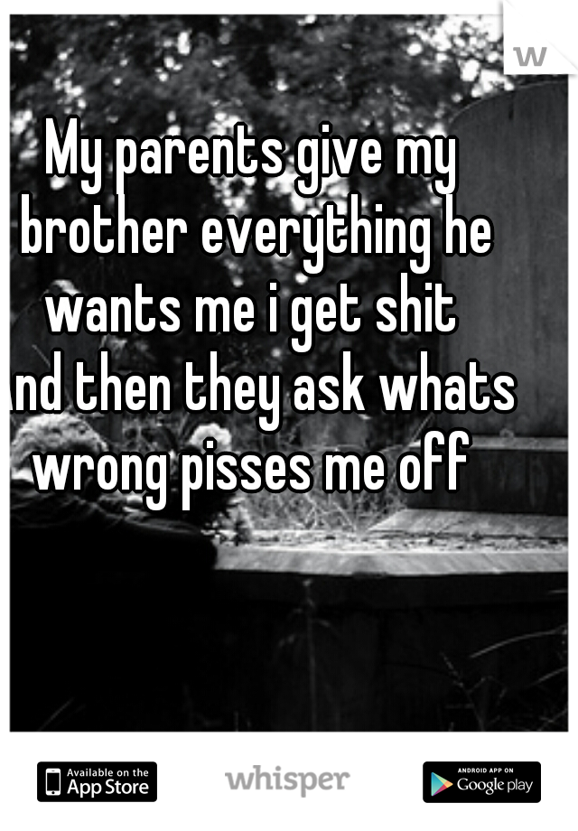 My parents give my brother everything he wants me i get shit 
And then they ask whats wrong pisses me off 
