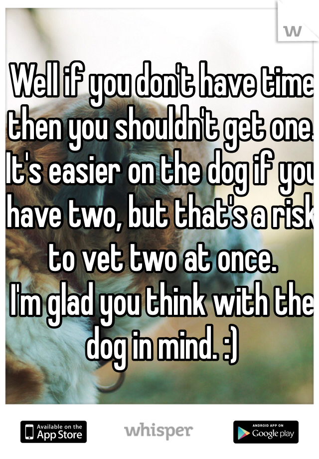 Well if you don't have time then you shouldn't get one. It's easier on the dog if you have two, but that's a risk to vet two at once.
I'm glad you think with the dog in mind. :)