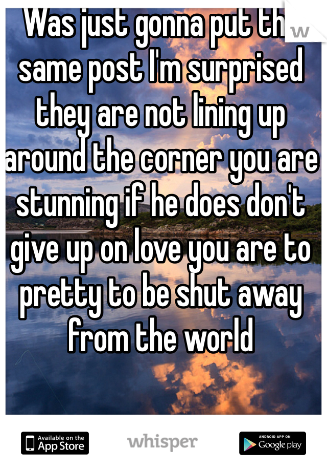 Was just gonna put the same post I'm surprised they are not lining up around the corner you are stunning if he does don't give up on love you are to pretty to be shut away from the world  