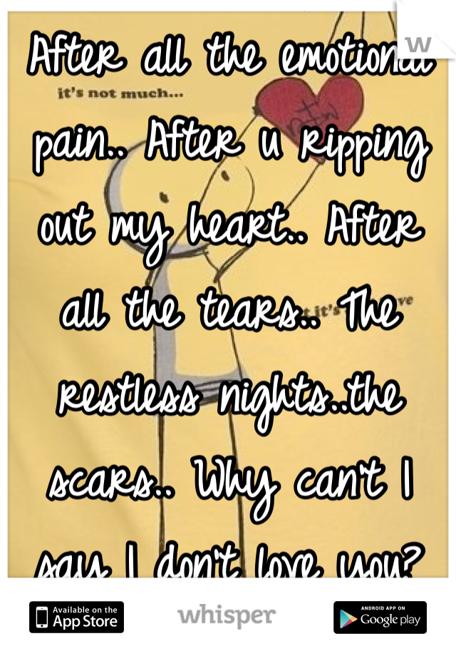 After all the emotional pain.. After u ripping out my heart.. After all the tears.. The restless nights..the scars.. Why can't I say I don't love you?