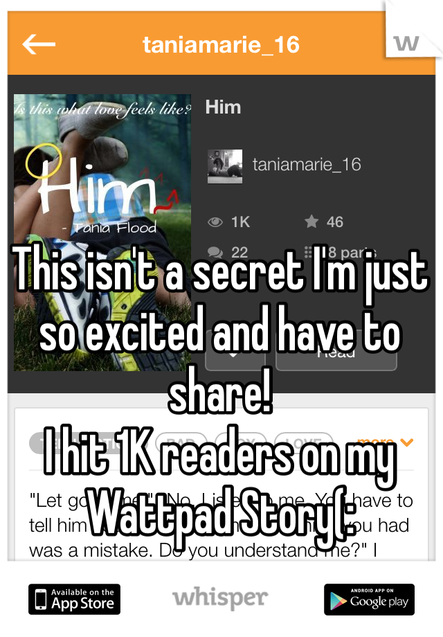 This isn't a secret I'm just so excited and have to share!
I hit 1K readers on my Wattpad Story(: