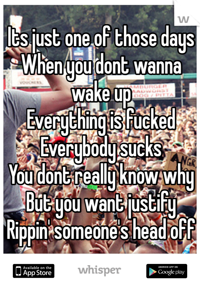 Its just one of those days
When you dont wanna wake up
Everything is fucked
Everybody sucks
You dont really know why
But you want justify
Rippin' someone's head off