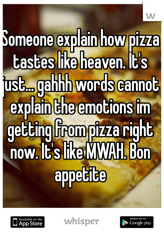 Someone explain how pizza tastes like heaven. It's just... gahhh words cannot explain the emotions im getting from pizza right now. It's like MWAH. Bon appetite 