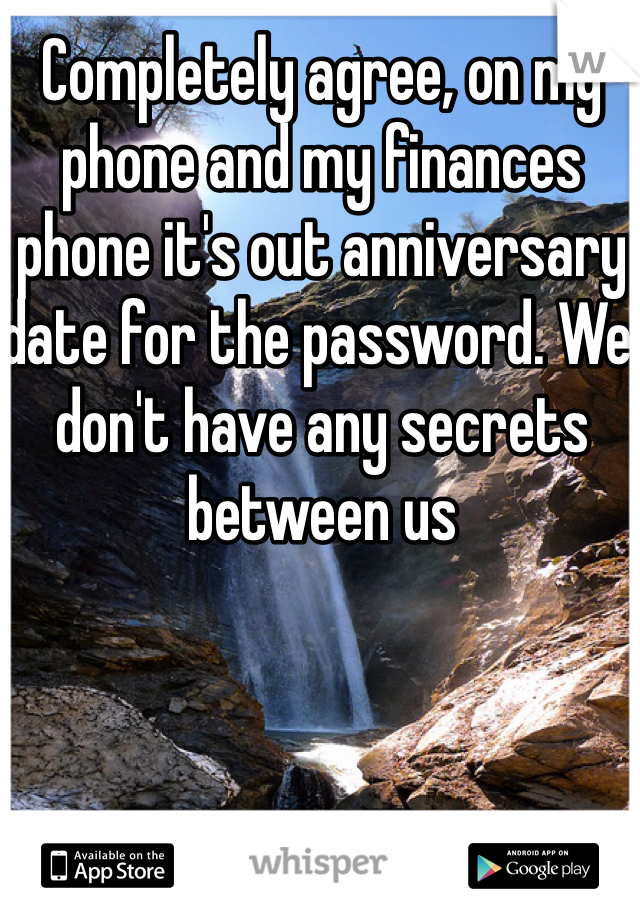 Completely agree, on my phone and my finances phone it's out anniversary date for the password. We don't have any secrets between us 