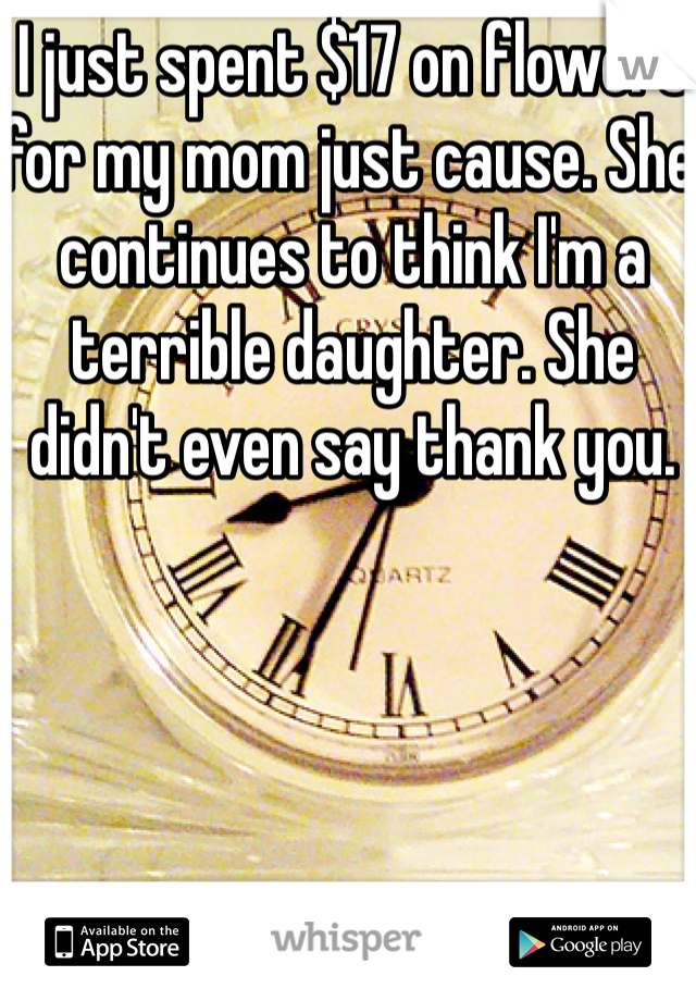 I just spent $17 on flowers for my mom just cause. She continues to think I'm a terrible daughter. She didn't even say thank you.