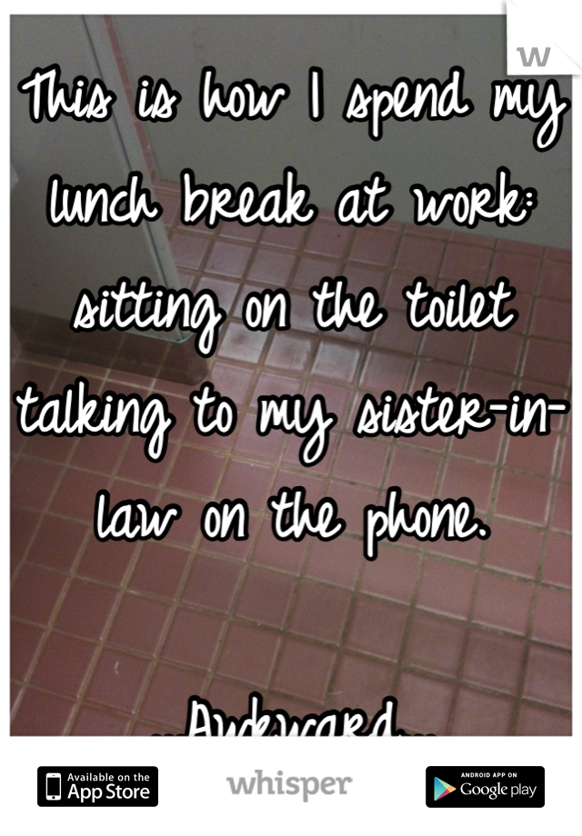 This is how I spend my lunch break at work: sitting on the toilet talking to my sister-in-law on the phone. 

...Awkward...