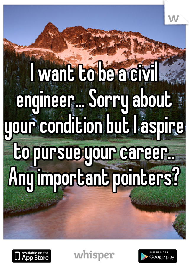 I want to be a civil engineer... Sorry about your condition but I aspire to pursue your career.. Any important pointers? 