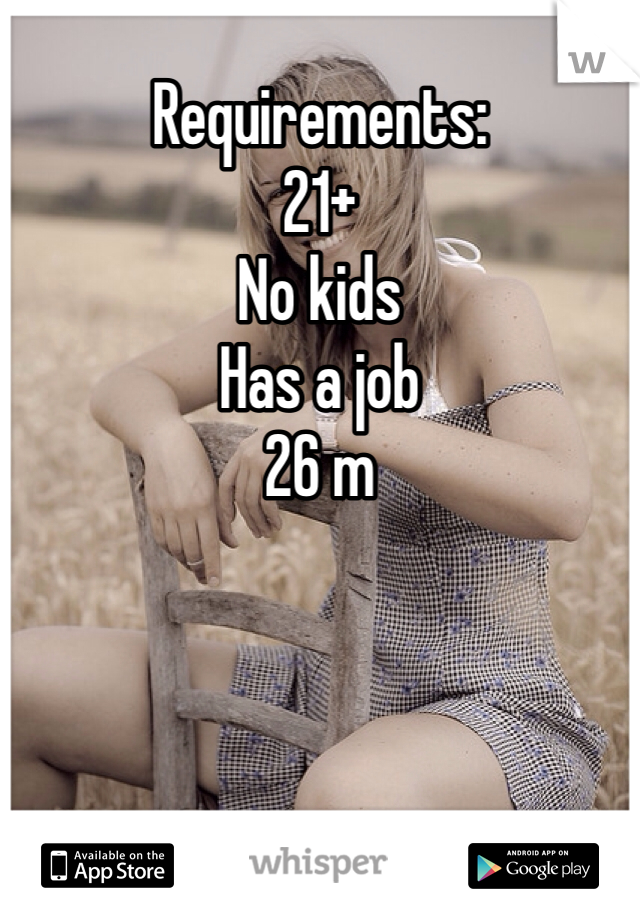 Requirements:
21+
No kids
Has a job
26 m