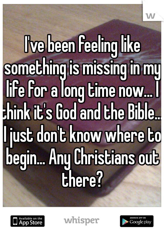 I've been feeling like something is missing in my life for a long time now... I think it's God and the Bible... I just don't know where to begin... Any Christians out there?