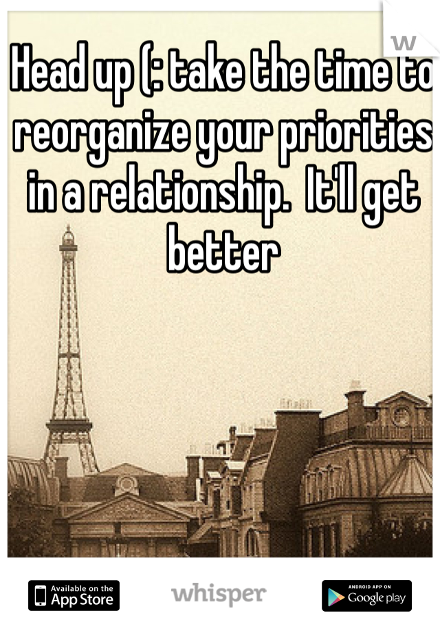 Head up (: take the time to reorganize your priorities in a relationship.  It'll get better 