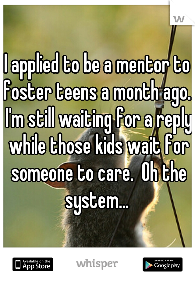 I applied to be a mentor to foster teens a month ago.  I'm still waiting for a reply while those kids wait for someone to care.  Oh the system... 