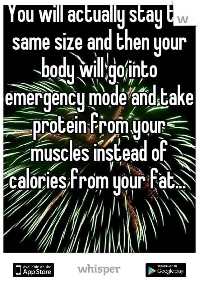 You will actually stay the same size and then your body will go into emergency mode and take protein from your muscles instead of calories from your fat... 