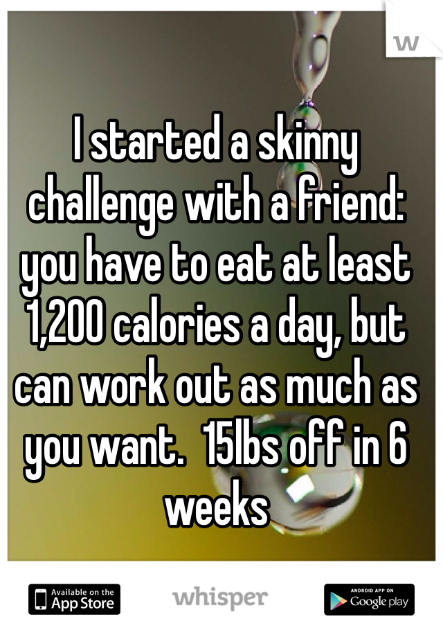 I started a skinny challenge with a friend: you have to eat at least 1,200 calories a day, but can work out as much as you want.  15lbs off in 6 weeks