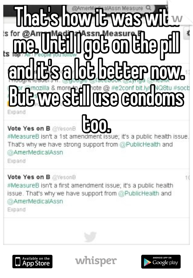 That's how it was with me. Until I got on the pill and it's a lot better now. But we still use condoms too. 