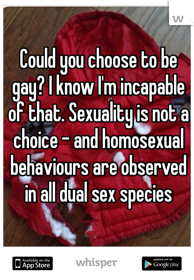 Could you choose to be gay? I know I'm incapable of that. Sexuality is not a choice - and homosexual behaviours are observed in all dual sex species 