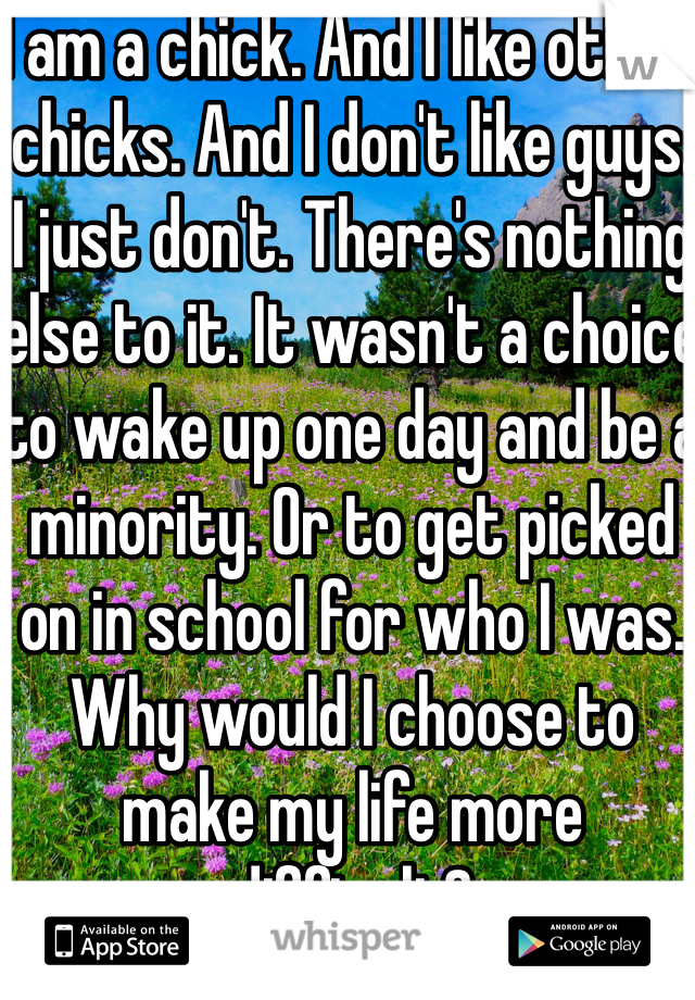 I am a chick. And I like other chicks. And I don't like guys. I just don't. There's nothing else to it. It wasn't a choice to wake up one day and be a minority. Or to get picked on in school for who I was. Why would I choose to make my life more difficult? 