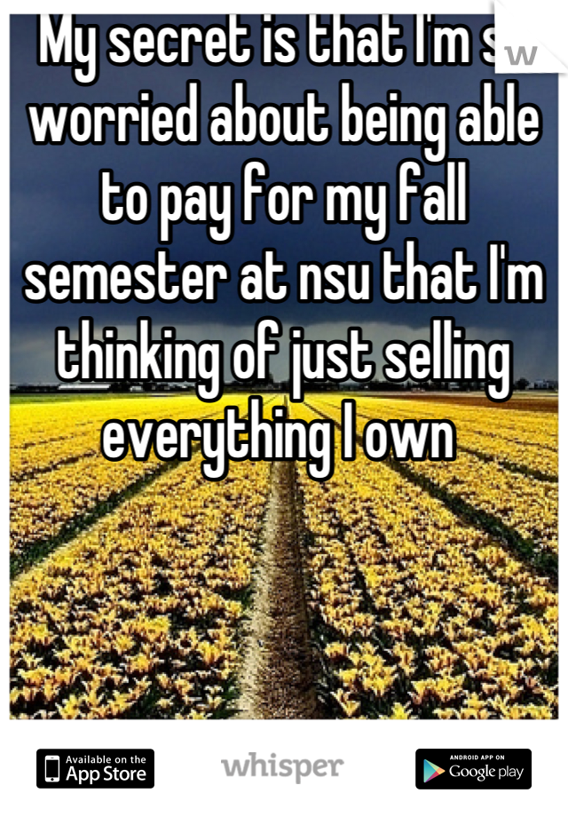 My secret is that I'm so worried about being able to pay for my fall semester at nsu that I'm thinking of just selling everything I own 