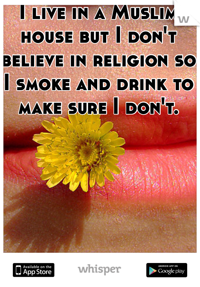 I live in a Muslim house but I don't believe in religion so I smoke and drink to make sure I don't. 
