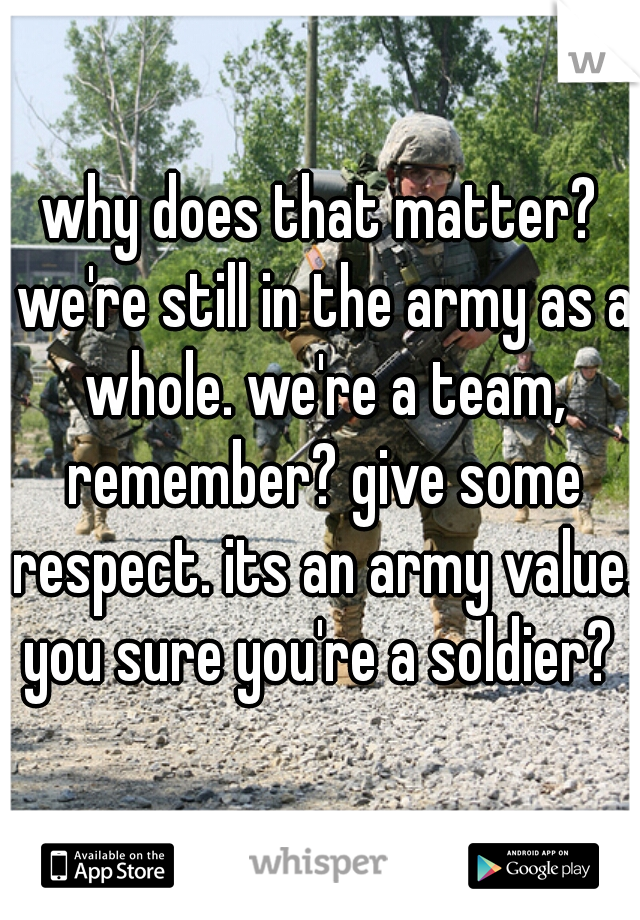 why does that matter? we're still in the army as a whole. we're a team, remember? give some respect. its an army value. you sure you're a soldier? 