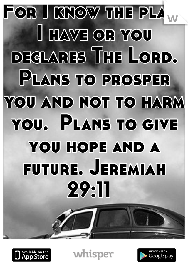 For I know the plans I have or you declares The Lord. Plans to prosper you and not to harm you.  Plans to give you hope and a future. Jeremiah 29:11  