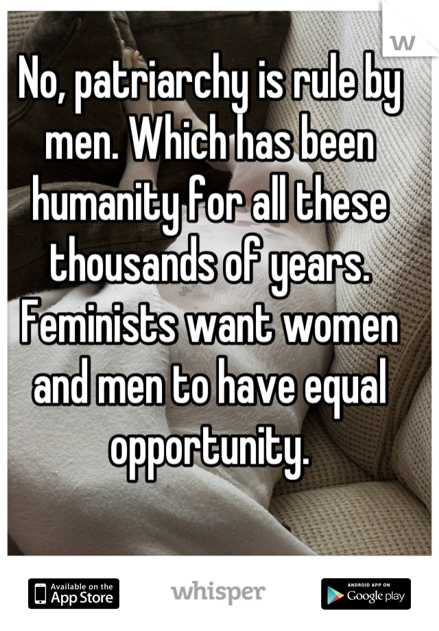 No, patriarchy is rule by men. Which has been humanity for all these thousands of years. Feminists want women and men to have equal opportunity.