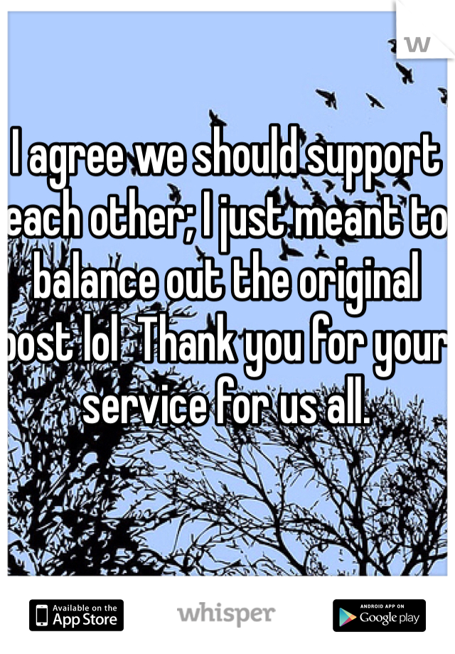 I agree we should support each other; I just meant to balance out the original post lol  Thank you for your service for us all.