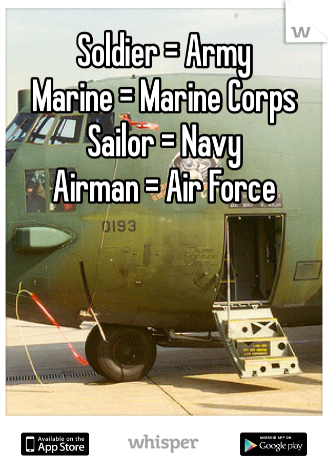 Soldier = Army
Marine = Marine Corps
Sailor = Navy
Airman = Air Force