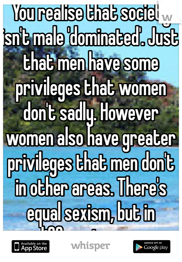 You realise that society isn't male 'dominated'. Just that men have some privileges that women don't sadly. However women also have greater privileges that men don't in other areas. There's equal sexism, but in different areas.