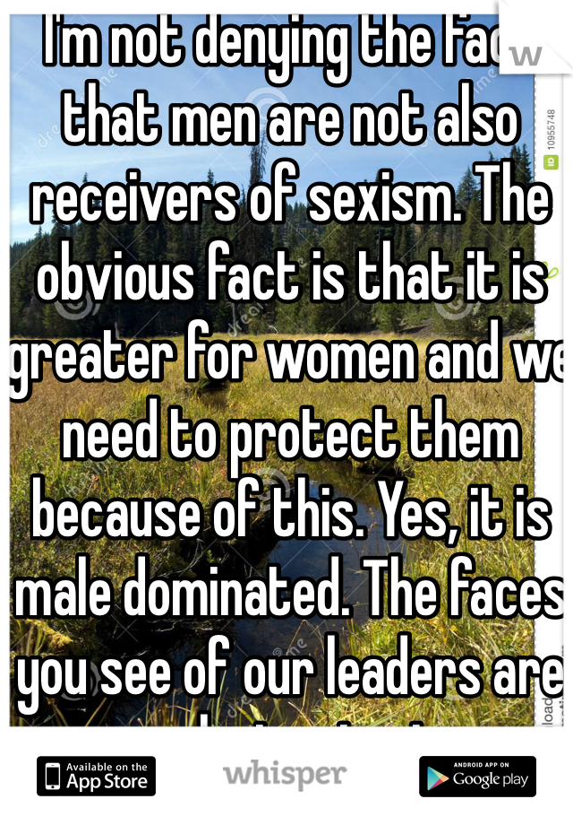 I'm not denying the fact that men are not also receivers of sexism. The obvious fact is that it is greater for women and we need to protect them because of this. Yes, it is male dominated. The faces you see of our leaders are male, to start.