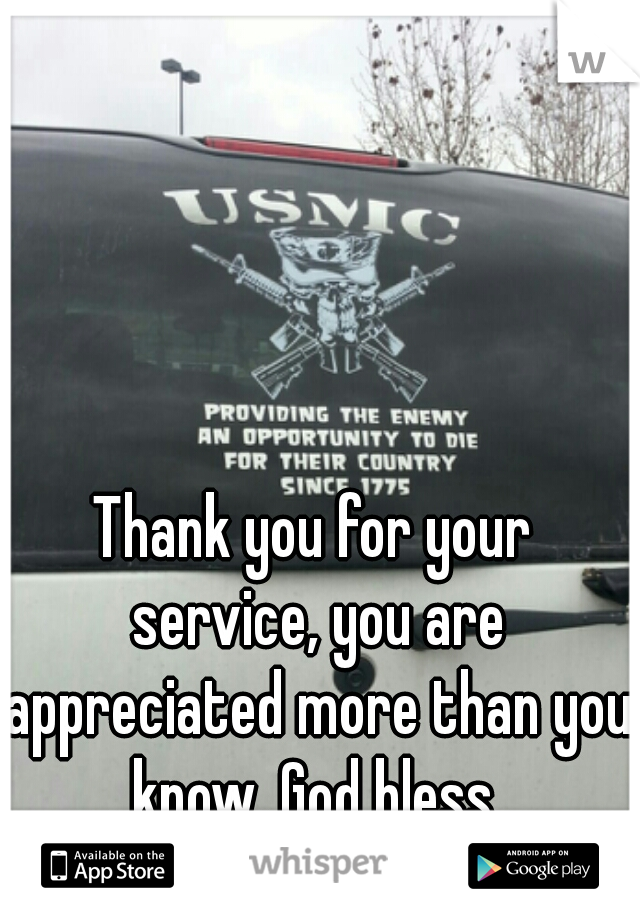 Thank you for your service, you are appreciated more than you know. God bless.