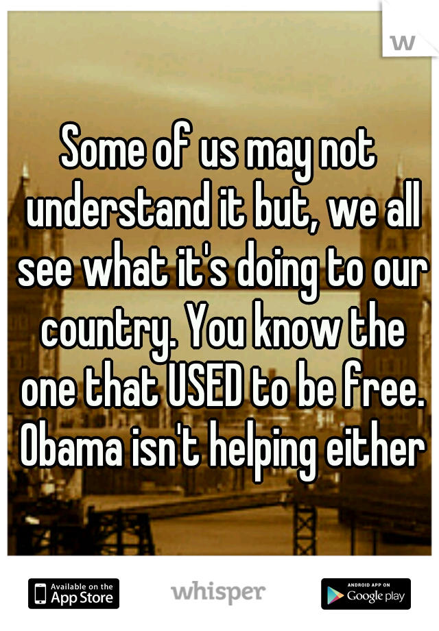 Some of us may not understand it but, we all see what it's doing to our country. You know the one that USED to be free. Obama isn't helping either