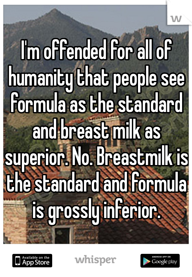 I'm offended for all of humanity that people see formula as the standard and breast milk as superior. No. Breastmilk is the standard and formula is grossly inferior. 