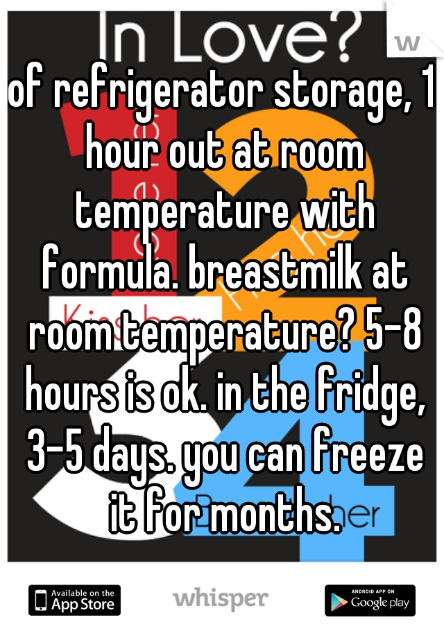 of refrigerator storage, 1 hour out at room temperature with formula. breastmilk at room temperature? 5-8 hours is ok. in the fridge, 3-5 days. you can freeze it for months.