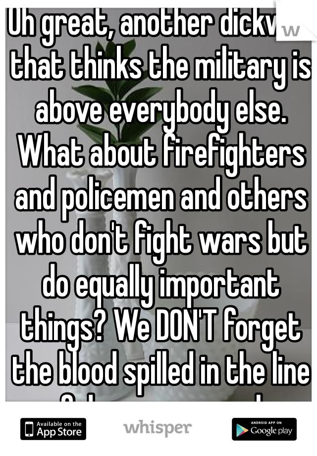 Oh great, another dickwad that thinks the military is above everybody else. What about firefighters and policemen and others who don't fight wars but do equally important things? We DON'T forget the blood spilled in the line of dangerous work.