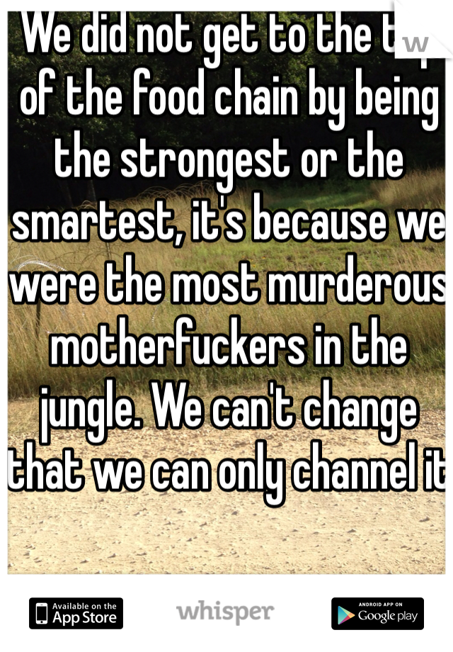 We did not get to the top of the food chain by being the strongest or the smartest, it's because we were the most murderous motherfuckers in the jungle. We can't change that we can only channel it