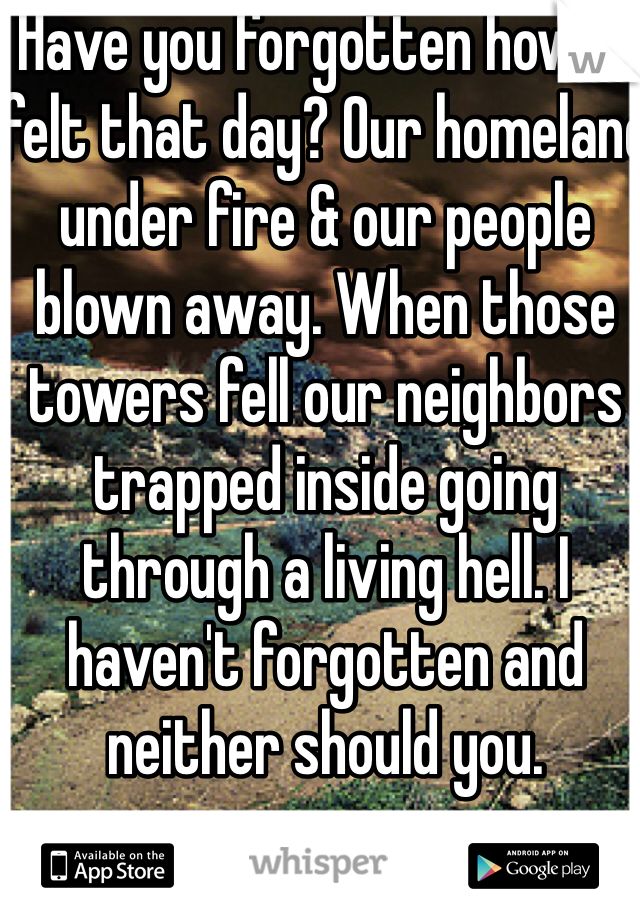 Have you forgotten how it felt that day? Our homeland under fire & our people blown away. When those towers fell our neighbors trapped inside going through a living hell. I haven't forgotten and neither should you. 