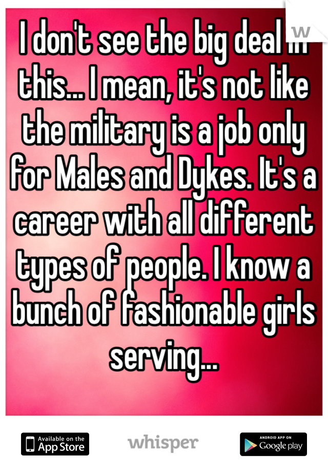 I don't see the big deal in this... I mean, it's not like the military is a job only for Males and Dykes. It's a career with all different types of people. I know a bunch of fashionable girls serving...