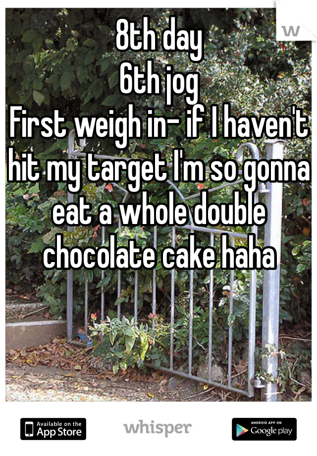 8th day
6th jog
First weigh in- if I haven't hit my target I'm so gonna eat a whole double chocolate cake haha 